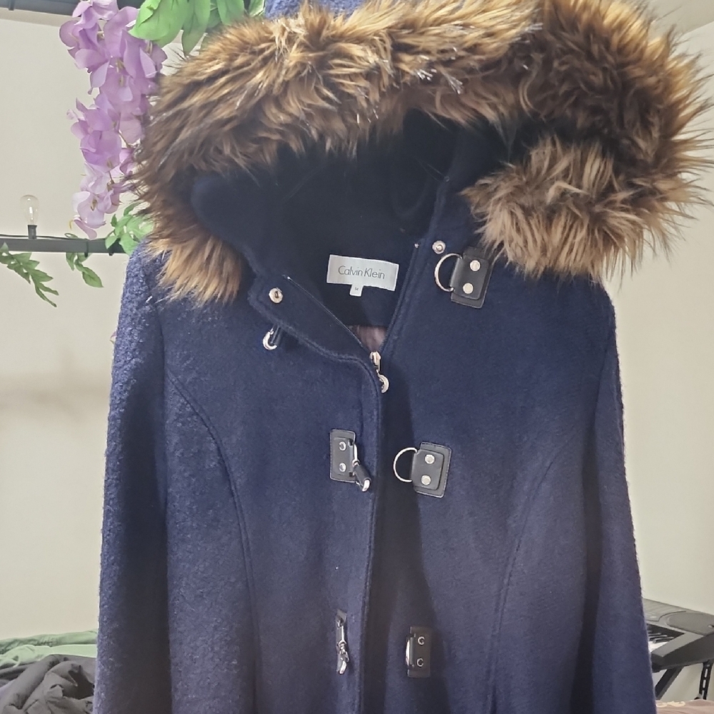 Calvin Klein Blue Wool Blend Coat Faux Fur Hood Winter Jacket - Picture 3 of 11